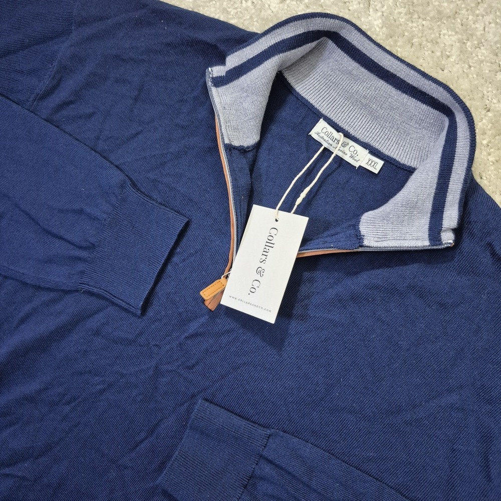 Collars and Co Australian Merino Wool Sweater Mens 3XL Blue 1/4 Zip Academia New